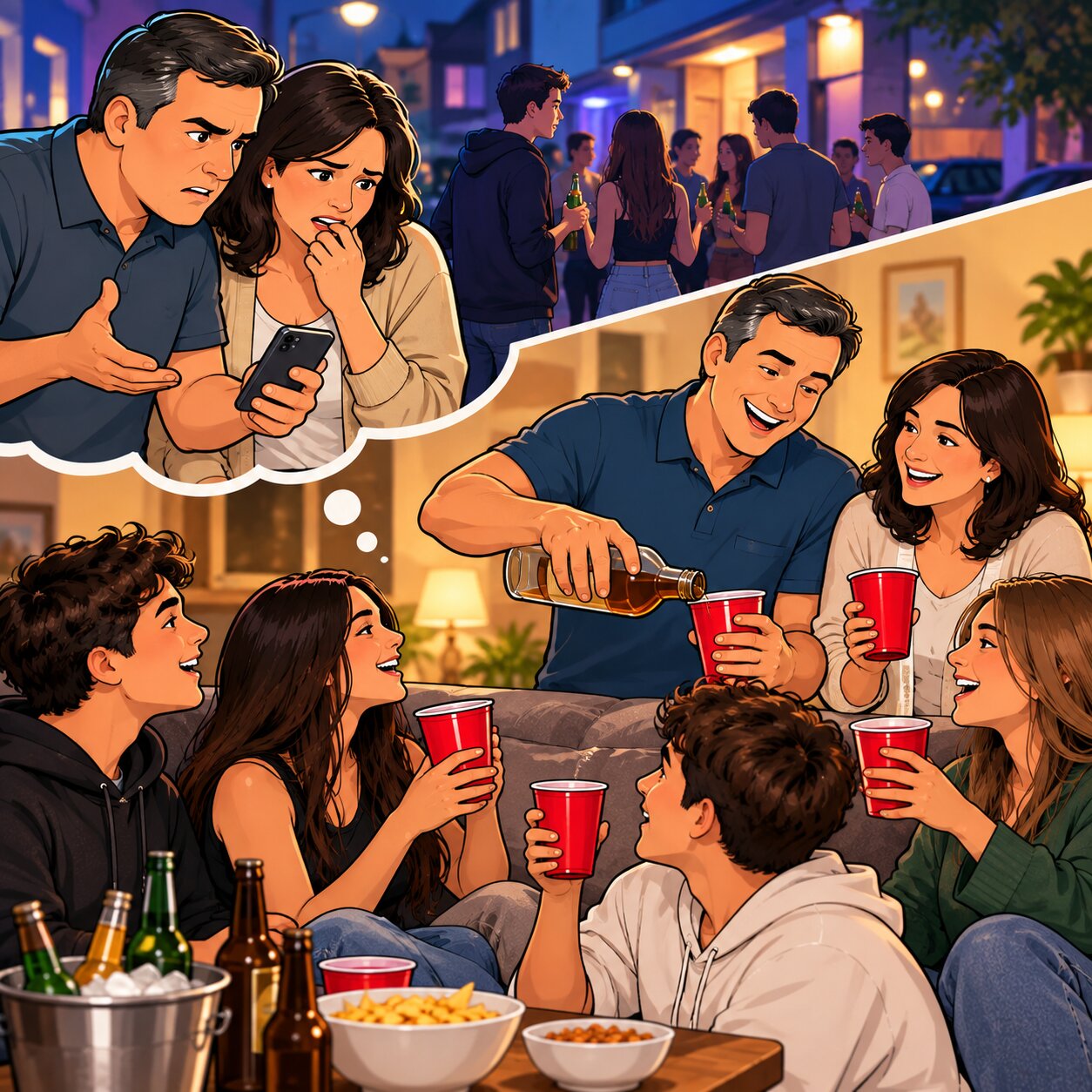 Garrafa, copo e latas de bebida alcoólica sobre uma mesa em ambiente social